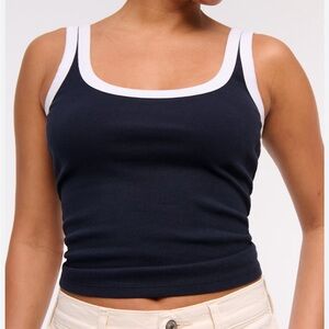 Abercrombie & Fitch Navy Blue Ribbed Tank Top XL | White Trim Fitted Y2K